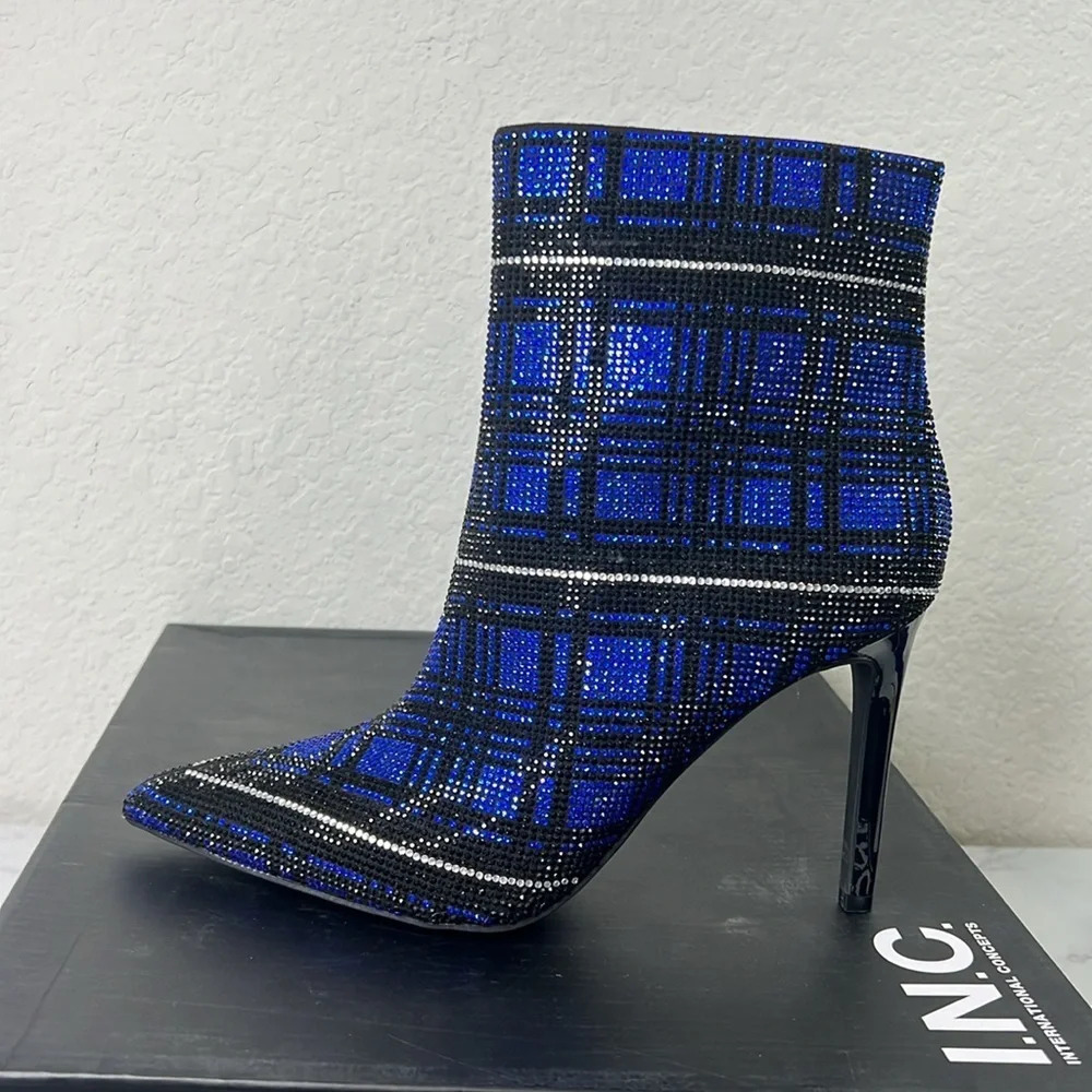 INC-  Blue Plaid Rhinestone Reisa Pointed Toe Stiletto Dress Booties - Picture 11 of 11
